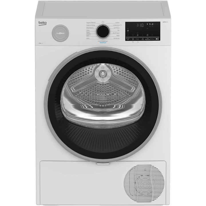 Uscator de rufe Beko B560236W, Pompa de caldura, 10 kg, 15 programe, Clasa A++, SteamCure, RecycledDry, HomeWhiz prin Wi-Fi, Motor ProSmart Inverter, Alb