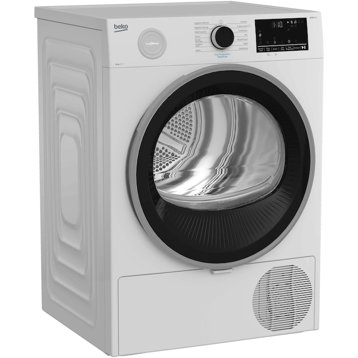 Uscator de rufe Beko B5T60236W, Pompa de caldura, 10 kg, 15 programe, Clasa A++, SteamCure, RecycledDry, Motor ProSmart Inverter, Alb