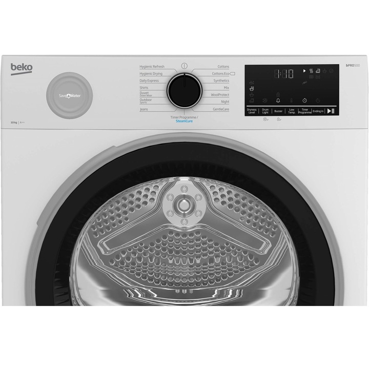 Uscator de rufe Beko B5T60236W, Pompa de caldura, 10 kg, 15 programe, Clasa A++, SteamCure, RecycledDry, Motor ProSmart Inverter, Alb