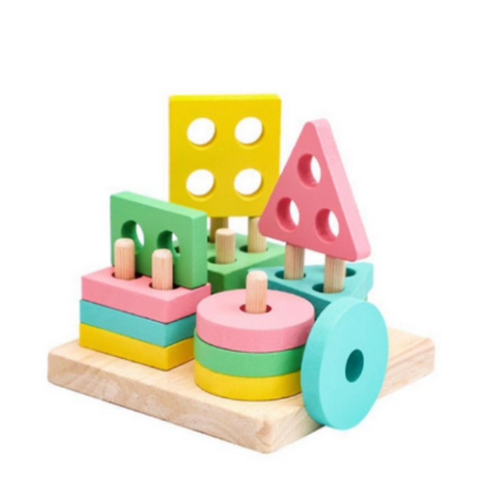 Jucarie Montessori Salestore.ro® Sortator forme geometrice si culori, 17 piese din lemn natural eco, Multicolor