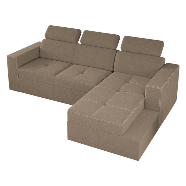 Coltar Paloma, extensibil, lada depozitare, tetiere reglabile, stofa, 245 x 164 x 96 cm, Cappuccino