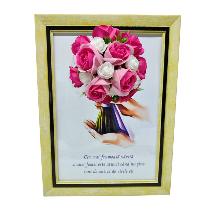 Tablou in rama A4 (30x21 cm)-Cea mai frumoasa varsta a unei femei este atunci cand nu tine cont de ani-v1 decorat cu flori de sapun roz-roz inchis