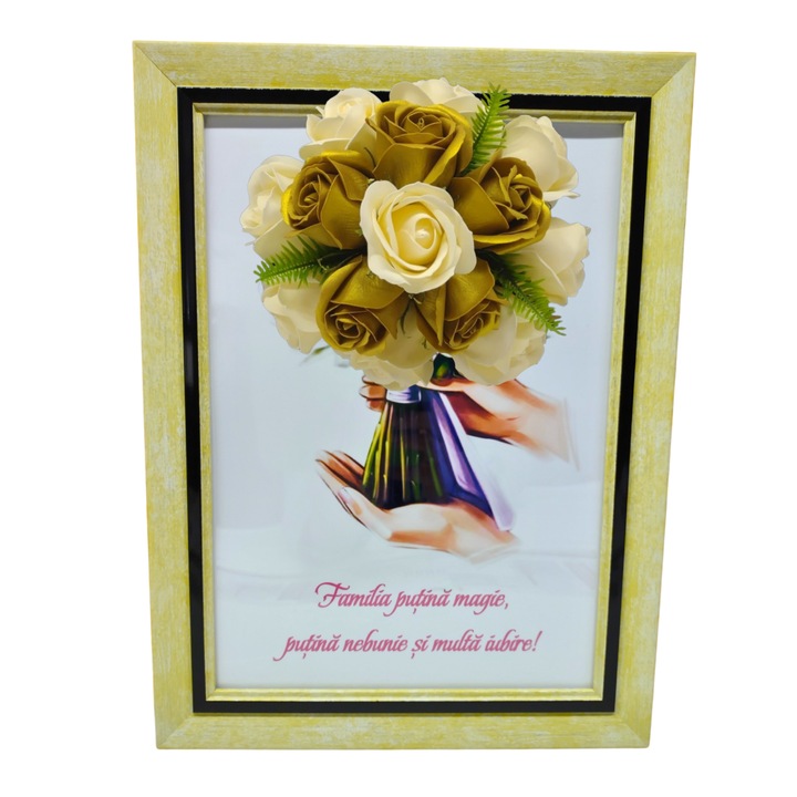 Tablou in rama A4 (30x21 cm)-Familia putina magie, putina nebunie si multa iubire-v1 decorat cu flori de sapun auriu-galben