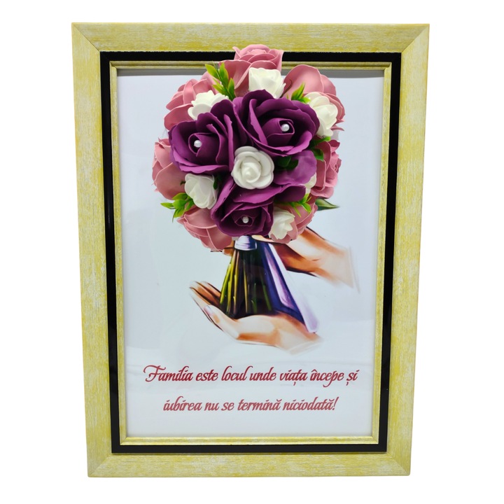 Tablou in rama A4 (30x21 cm)-Familia este locul unde viata incepe si iubirea nu se termina niciodata-v1 decorat cu flori de sapun visiniu-roz pal