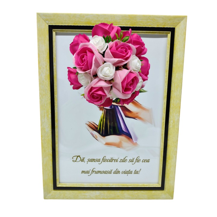 Tablou in rama A4 (30x21 cm)-Da sansa fiecarei zile sa fie cea mai frumoasa din viata ta!-v1 decorat cu flori de sapun roz-roz inchis