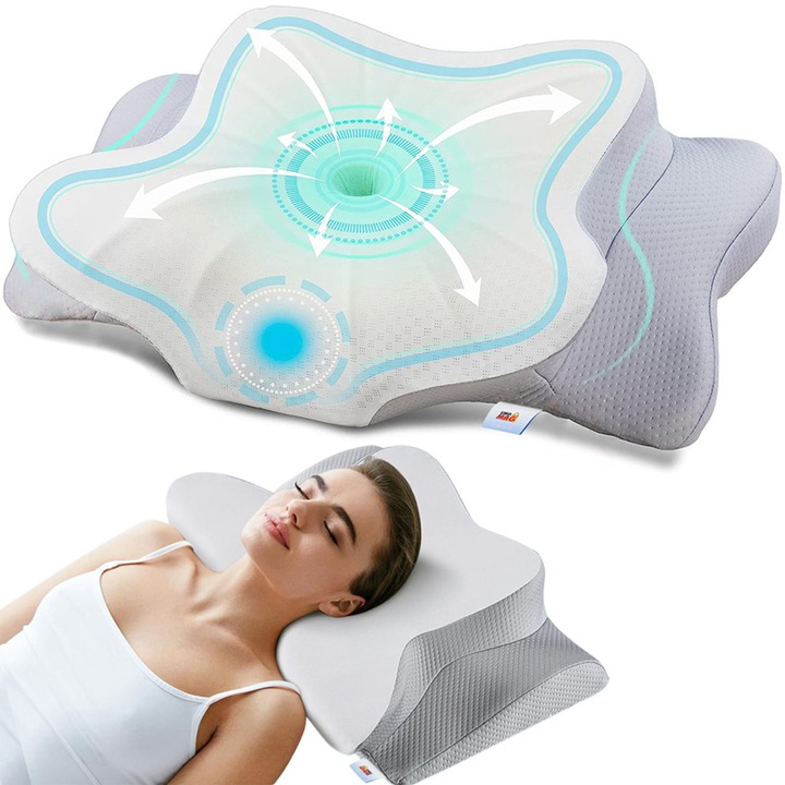 Linomag Memóriahabos nyaktámasztó párna, Fehér/Szürke, 62 x 38 x 9-13 cm