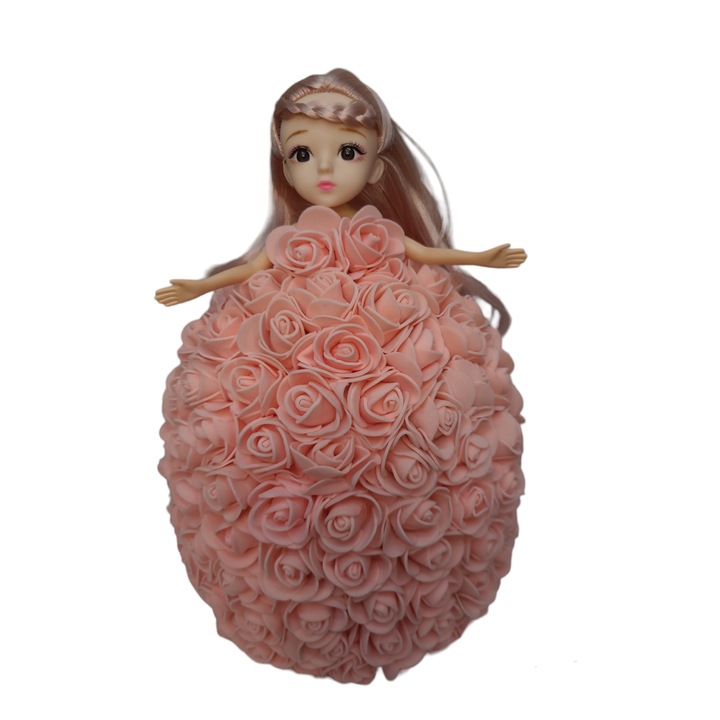 Aranjament Floral: Papusa cu Rochita din Trandafiri de Sapun roz 25cm