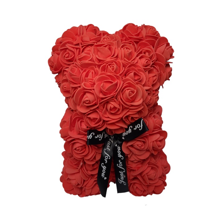 Ursulet din flori trandafiri de sapun rosu 25 cm + cutie handmade by NLB
