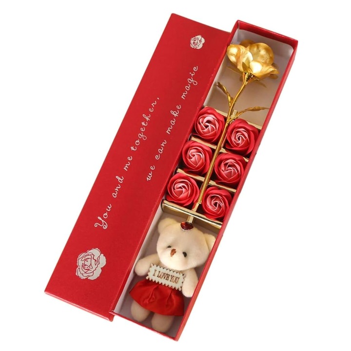 Aranjament Floral Miraza, Trandafir Aurit, Trandafiri de Sapun, Ursulet de Plus, 33.5 x 7 cm, Rosu