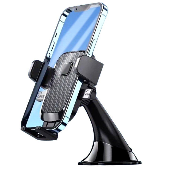 Регулируема стойка за кола с автоматично затваряне, монтаж на борда с вендуза, съвместима с iPhone, Samsung и Huawei, SONORH®, черна