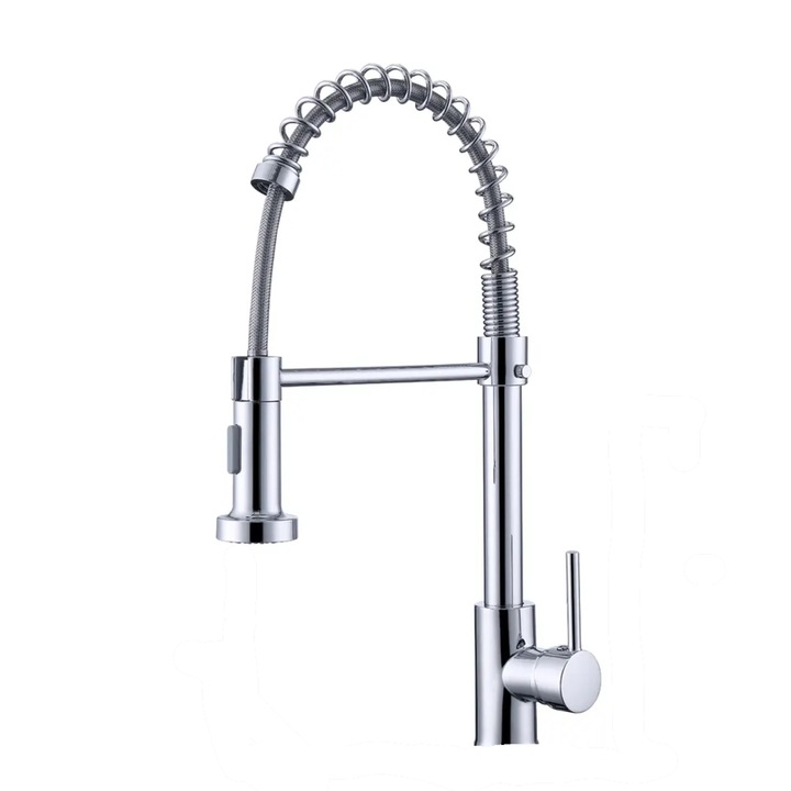 Konyhai csaptelep kihúzható zuhanyzóval, rugalmas csappal, Ezüst