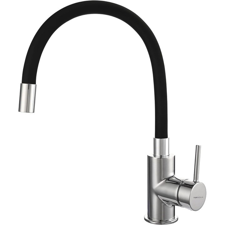 Topaqua Flexy кран за кухненска мивка, неръждаема стомана, висок чучур, керамичен патрон, единичен лост, включени връзки, силиконово покритие, ротационен, черен