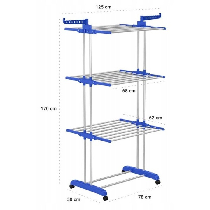 ​Uscator de rufe vertical, plastic/aluminiu, 10 m, 78x50x170 cm, albastru, pliabil, 3 niveluri, ideal pentru spatii mici, usor de depozitat si transportat, potrivit pentru interior si balcon