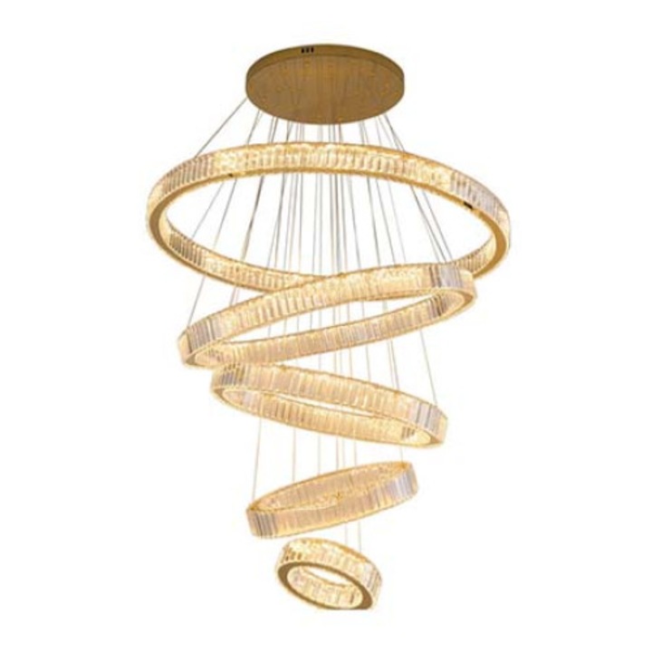 Lustra LED K9 Cristal 5 Segmente Cercuri L09 20+30+40+60+80CH cu Telecomanda，schelet Argintiu