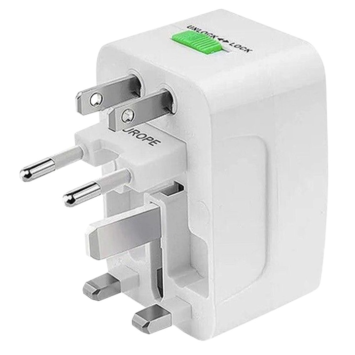 ​​Adaptor universal DomowySwiat, ABS, alb, 7,5 x 4,5 x 4 cm, compatibil cu prize EU/UK/US/AU, design compact, ideal pentru calatorii, protectie la supratensiune, usor de utilizat