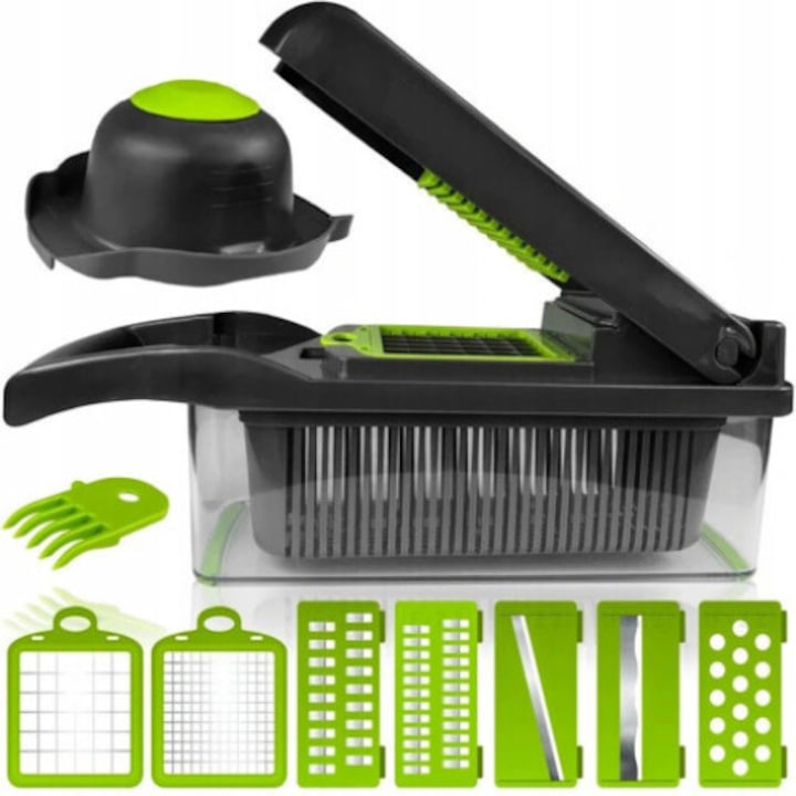 Set feliator manual multifunctional DomowySwiat, 13 piese, ABS, 32,2x11,3 cm, verde/negru, lame din inox interschimbabile pentru feliere, razuire si taiere julienne, recipient colector inclus, ideal pentru legume si fructe, usor de curatat si depozitat​