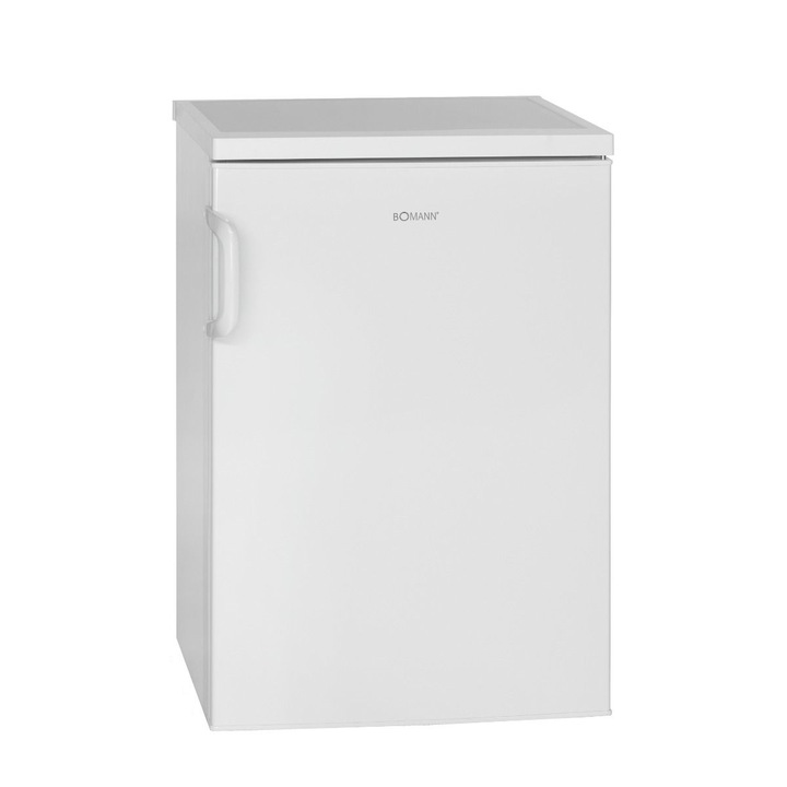 Mini frigider Bomann, H 63.2 cm, volum 120 litri, ideal pentru birou, hotel, camping, consum redus, 2 rafturi pentru depozitare, compartiment legume/fructe, 3 compartimente pe usa, temperatura ajustabila, usa reversibila, picioare reglabile, alb