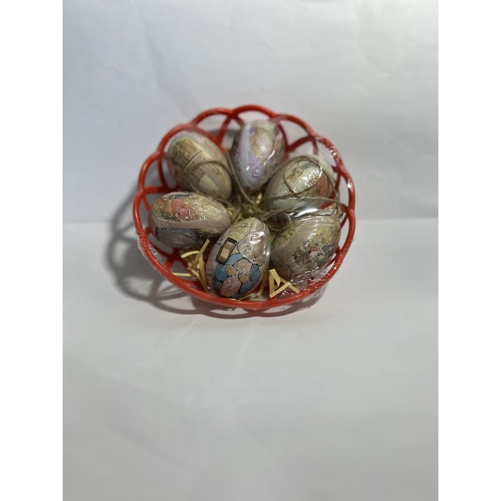 Комплект 6 декоративни великденски яйца 6см в кошница
