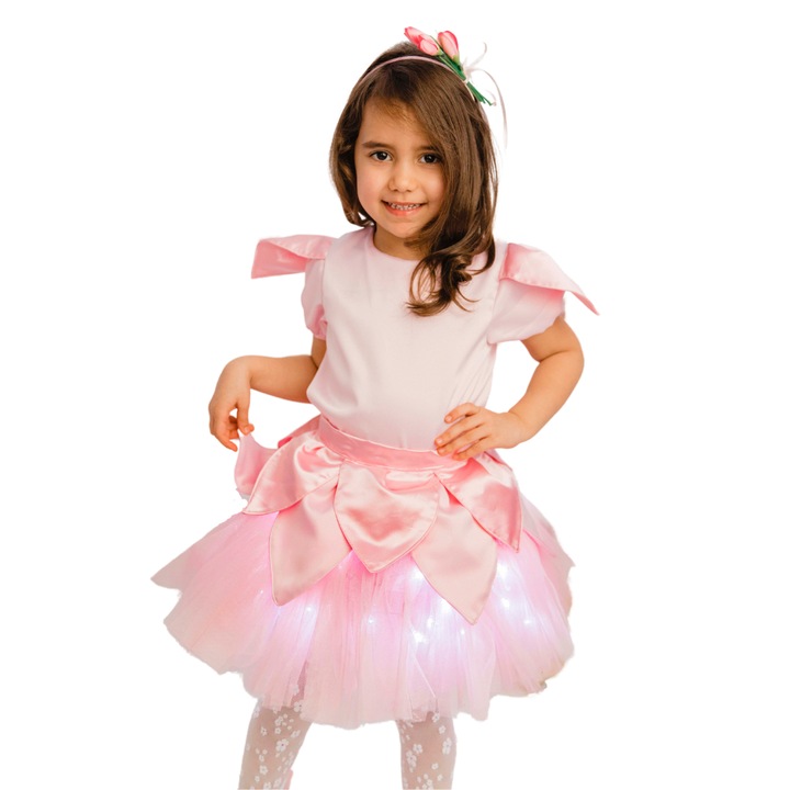 Costum Zana Florilor Fluturas cu luminite, pentru Carnaval si Serbari, Floare Roz, 4 piese, Fustita cu Luminite, Sortulet cu petale, Bluzita si Accesoriu de par, Roz, 5-6 ani