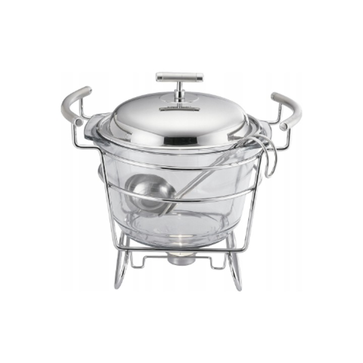 Vas termorezistent, capac inox, cu incalzitor pentru mancare, chafing dish cu lumanare, 4L, Kinghoff