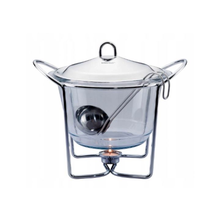 Vas termorezistent rotund adanc, pentru servit mancare, cu capac din inox, chafing dish cu lumanare, 4L, Kinghoff