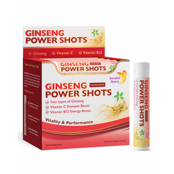 Ginseng Power Shots cu Ginseng Siberian, Panax Ginseng, Ghimbir si Vitamine, Energie si Vitalitate, produs Vegan, 20 fiole