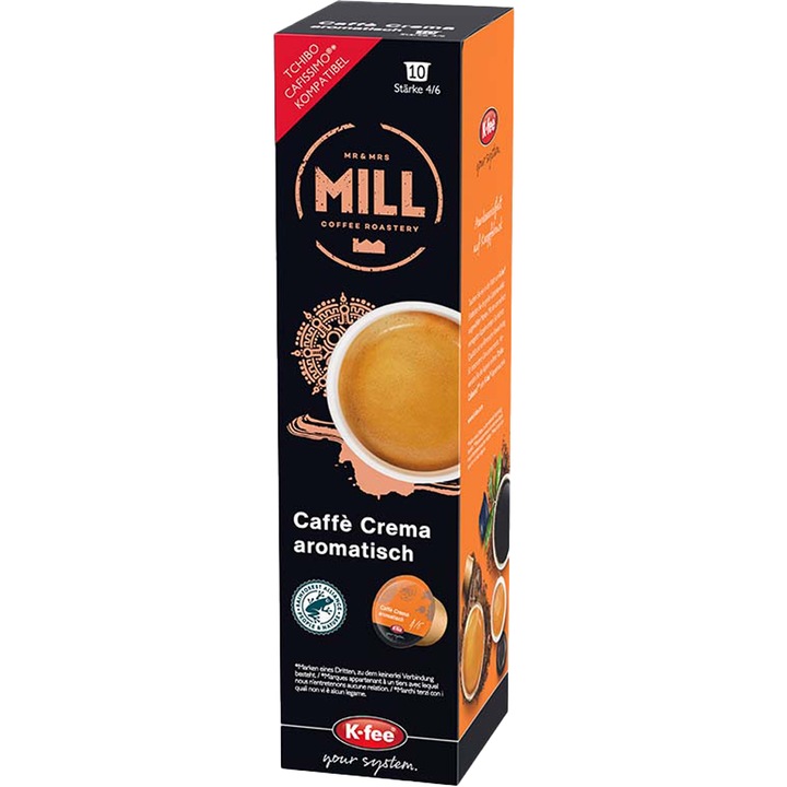 Capsule Cafea Mr & Mrs Mill Cafe Crema Aromatisch, 100% Arabica, 10 capsule, compatibile BeanZ, Tchibo Cafissimo