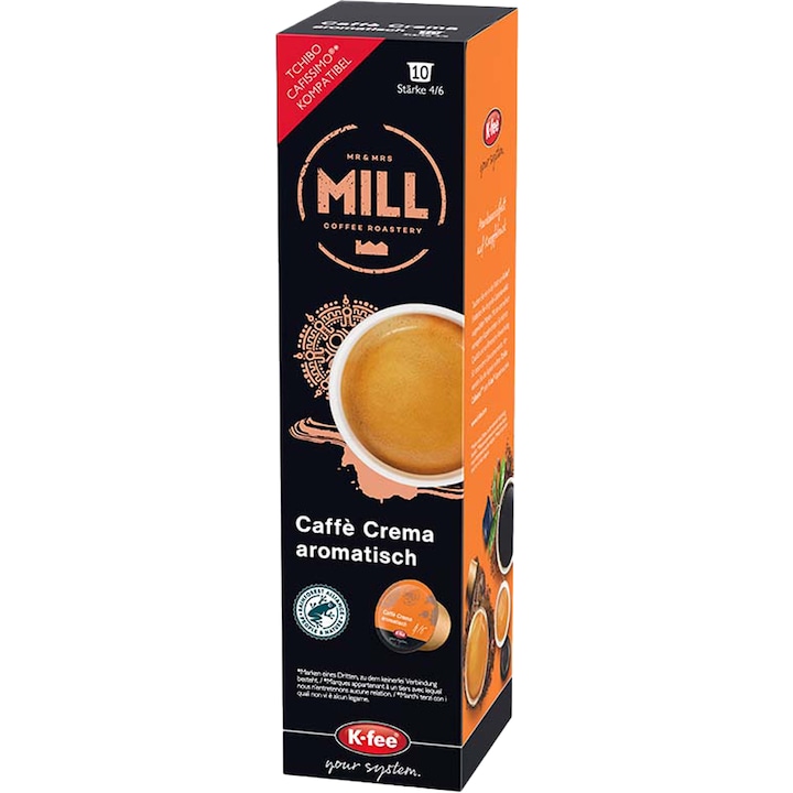 Capsule Cafea Mr & Mrs Mill Cafe Crema Aromatisch, 100% Arabica, 10 capsule, compatibile BeanZ, Tchibo Cafissimo