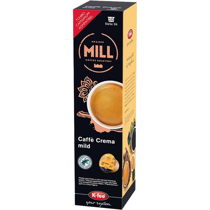 Capsule Cafea Mr & Mrs Mill Cafe Crema Mild, 100% Arabica, 10 capsule, compatibile BeanZ, Tchibo Cafissimo