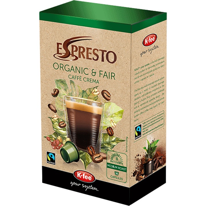 Capsule cafea Espresto Organic & Fair Caffe Crema Lungo, 16 Capsule, compatibile BeanZ
