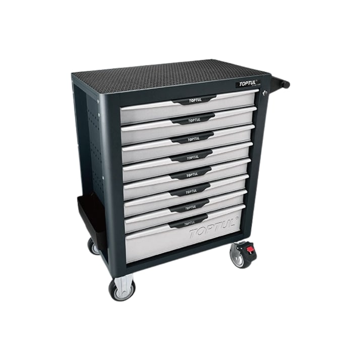 Dulap mobil pentru scule cu 8 sertare Toptul, cu roti pentru deplasare, negru/gri, echipat cu 448 piese