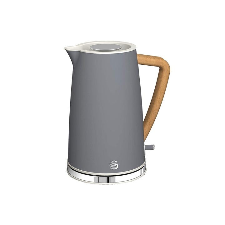 Swan elektromos vízforraló, Nordic, űrtartalom 1,7 liter, 3000 W, gyors forralás, automatikus leállító, ergonomikus fogantyú, szintjelző, rozsdamentes ház, minimalista kialakítás, matt felület, könnyen használható, szürke