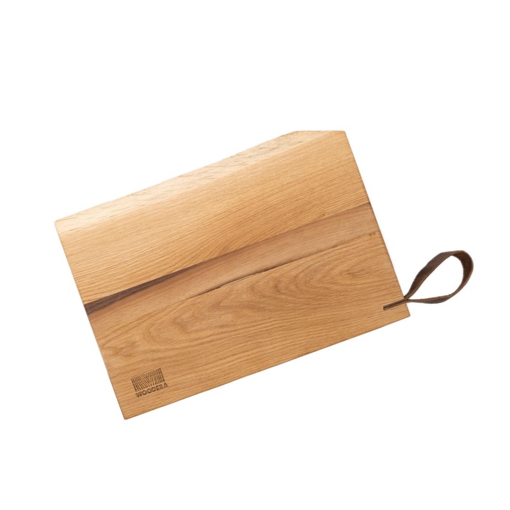 Téglalap vágódeszka 40 x 28 cm - tölgy és dió fa, natúr él, bőr fogantyú