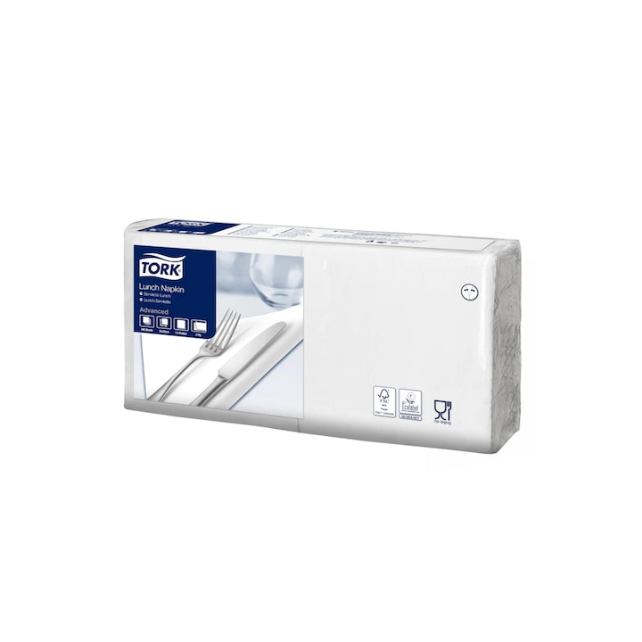 Șervețel 2 straturi pliat în 1/4 dimensiune foaie: 32,8 x 32,5 cm 200 foi/pachet Lunch Tork_477149 alb
