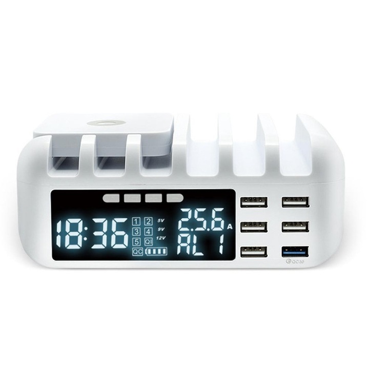 Statie de incarcare universala, 5 porturi USB Fast Charg, QC3.0, Display LED, Alb