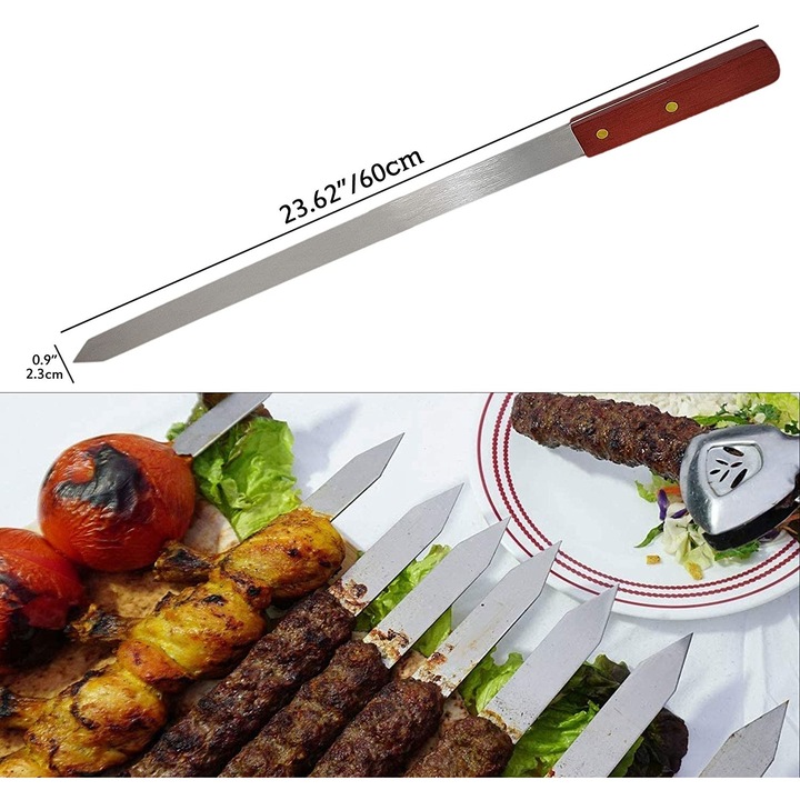 Set de 8 frigarui plate pentru gratar cu manere din lemn, ZLFGKPQ, Argintiu/Maro