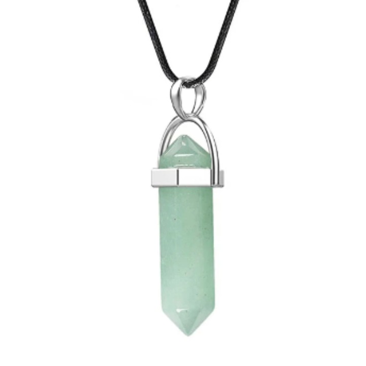 Colier Aventurin verde natural, pandantiv dublu varf 33×8 mm, lant textil 45-50 cm reglabil, bijuterie terapeutica pentru prosperitate si echilibru energetic