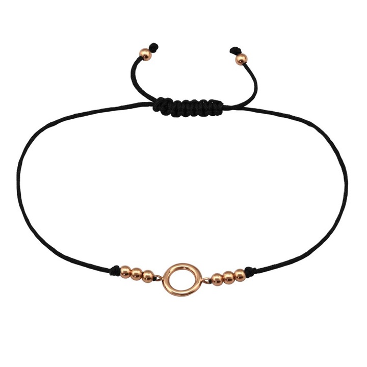 Bratara model cerc din argint 925 Placat cu Aur Roz 18k, cu snur negru reglabil