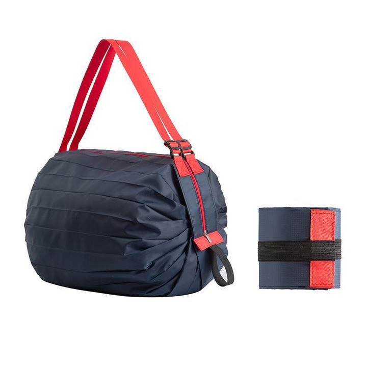 Пазарска чанта, найлон, сгъваема, тъмносин/червен