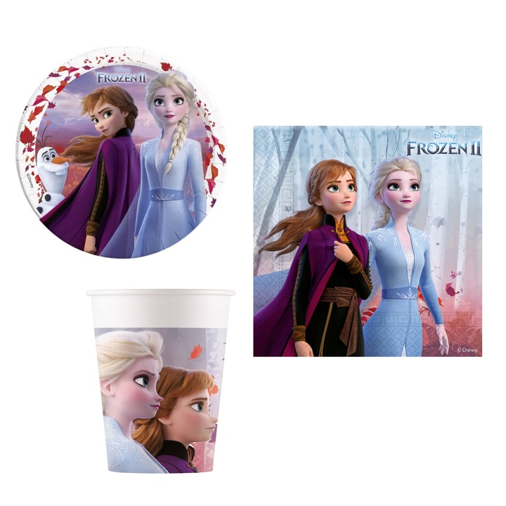 Set Vesela Petecere Frozen 2, pahare plastic, servetele, farfurii carton, 28 piese, multicolor