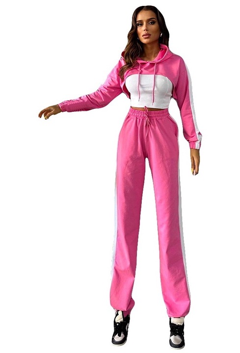 Compleu sport Bold Comfort, cu trei piese, hanorac decupat, top asortat si pantaloni, Roz