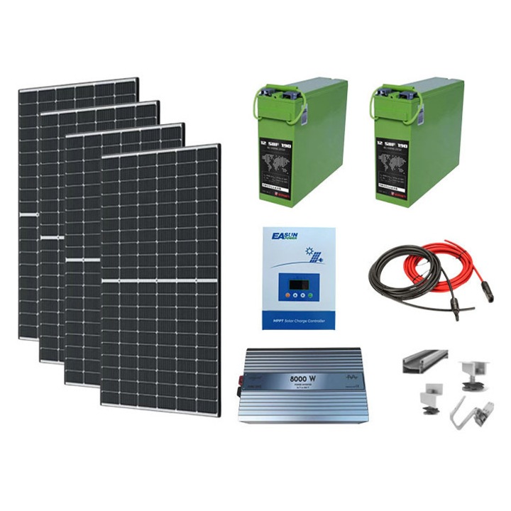 Kit fotovoltaic solar off-grid 1.6 KW, 4 panouri 405W, invertor sinus pur 8000W, controller MMPT 100A, baterii solare AGM 190 Ah, cabana, rulota, locuri izolate, container, Solid Volt