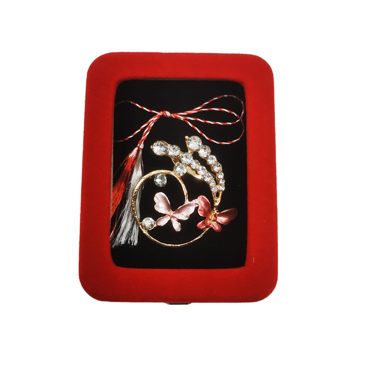 Martisor Brosa Mare in cutie de catifea rosie cu fereastra de sticla, Aranjament Floral cu Fluturi Roz, Colectia VisionXXI