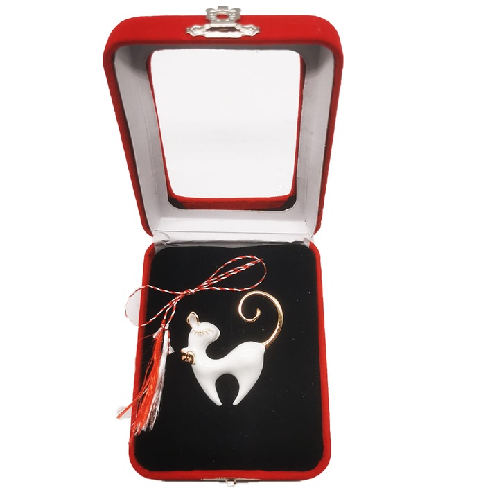 Martisor Brosa Mare in cutie de catifea rosie cu fereastra de sticla, Pisica Alba Stilizata, Colectia VisionXXI