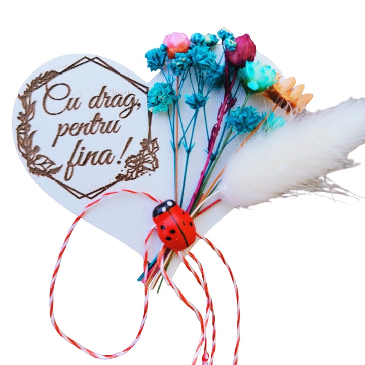 Martisor pentru fina - inima cu flori naturale uscate, lemn gravat ...