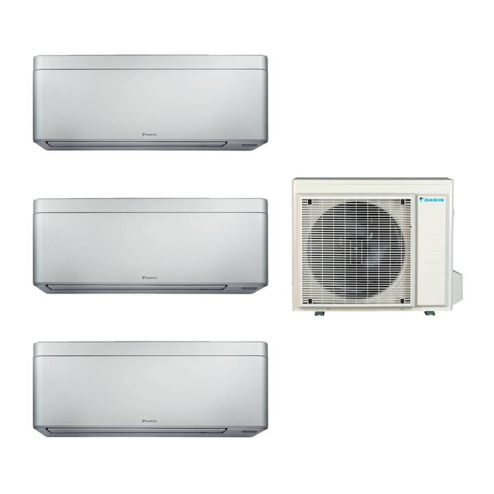 Aparat de aer conditionat multisplit Daikin Bluevolution cu doua unitati interne Stylish 7000 si una de 12000 BTU Silver, Filtru argint, Flash Streamer, Filtru fotocatalitic, Efectul Coanda, Senzor Grid Eye, Control WiFi, Programator 24 ore, Flux Aer 3D