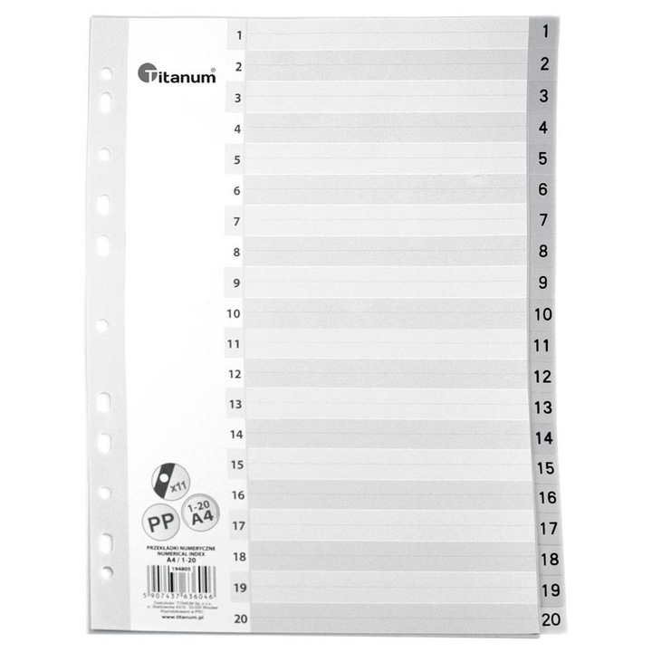 A4 elválasztó 1-20, Titanum, PP, fehér