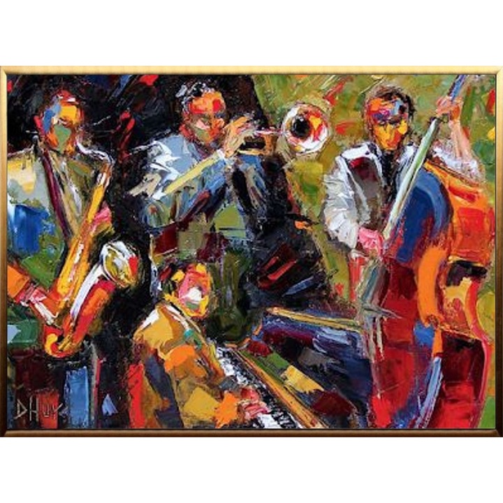 Tablou pictat manual ulei pe panza, tehnica texturata, 100x75cm, Pictura formatie de jazz, multicolor