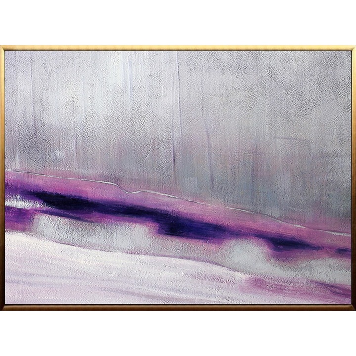 Tablou pictat manual ulei pe panza, tehnica texturata, 100x75cm, Pictura abstracta living, violet, alb, gri