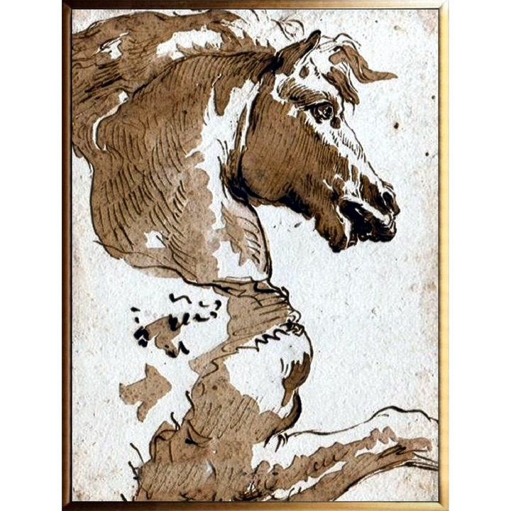 Tablou pictat manual ulei pe panza, tehnica texturata, 100x75cm, Pictura cu cal minimalista, alb, maro